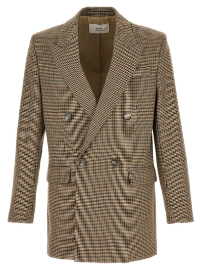 Shop Ami Alexandre Mattiussi Ami Paris Double Breasted Houndstooth Blazer In Brown