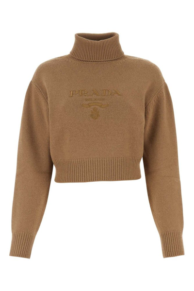 Shop Prada Logo Embroidered Turtleneck Sweater In Brown