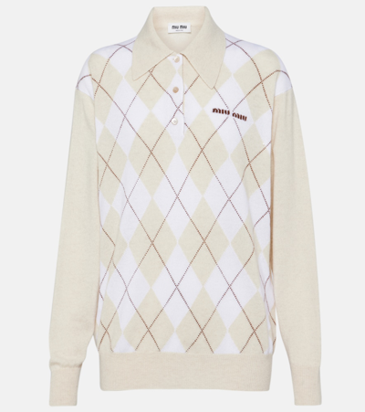 Shop Miu Miu Argyle Cashmere Polo Shirt In Beige