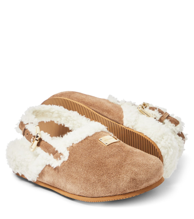Dolce & Gabbana Suede And Faux Fur Mules In Brown