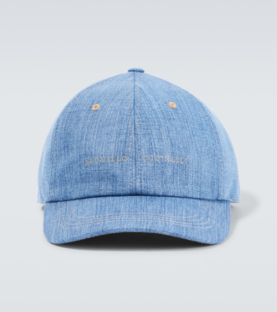 Shop Brunello Cucinelli Logo Denim Baseball Cap In Blue