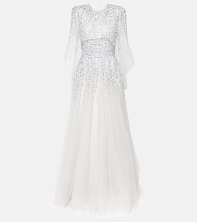 Shop Jenny Packham Osha Embellished Caped Tulle Gown In Silver