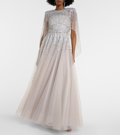 Shop Jenny Packham Osha Embellished Caped Tulle Gown In Silver