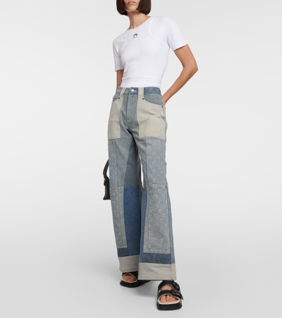 Marine Serre Patchwork High-rise Wide-leg Jeans In Blue