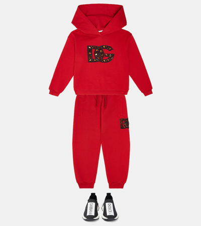 Dolce & Gabbana Girl's Rhinestone Embellished Interlocked Logo-print Hoodie In Red