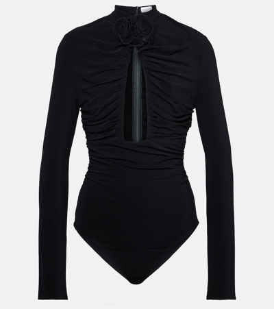 Shop Magda Butrym Floral-appliqué Ruched Cutout Bodysuit In Black