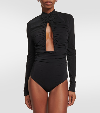 Shop Magda Butrym Floral-appliqué Ruched Cutout Bodysuit In Black