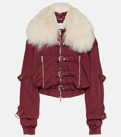 Shop Blumarine Cropped Shearling-trimmed Denim Jacket In Red