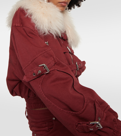 Blumarine Cropped Shearling-trimmed Denim Jacket In Red