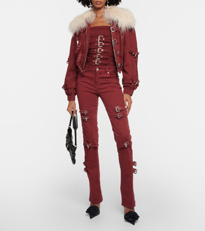 Shop Blumarine Cropped Shearling-trimmed Denim Jacket In Red