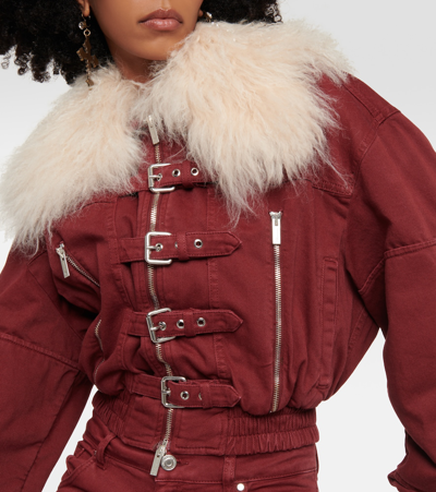 Blumarine Cropped Shearling-trimmed Denim Jacket In Red