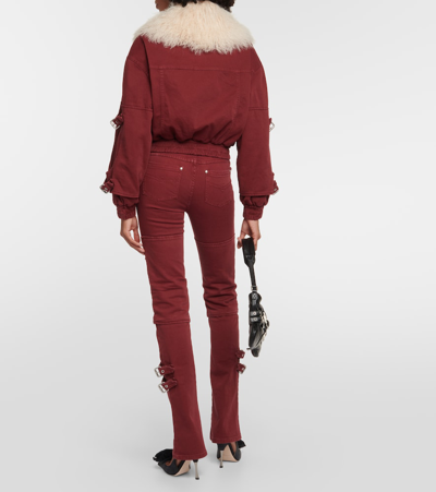 Shop Blumarine Cropped Shearling-trimmed Denim Jacket In Red