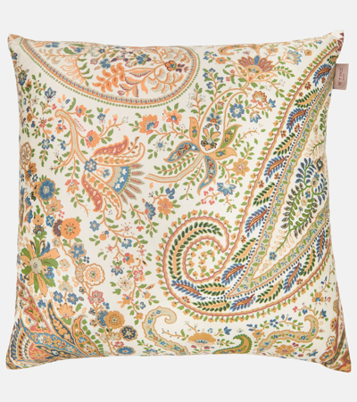 Shop Etro Embroidered Cotton Cushion In Beige