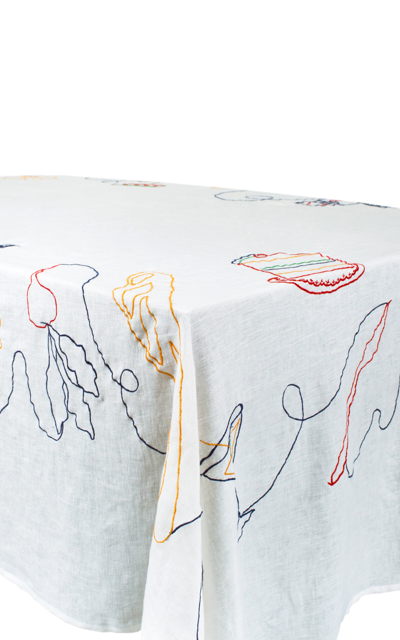 Shop Misette Fête Long Embroidered Linen Tablecloth In Multi