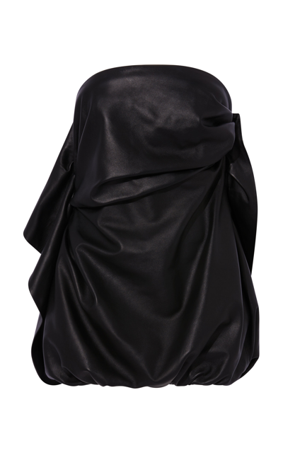 Shop Attico Strapless Draped Leather Mini Dress In Black