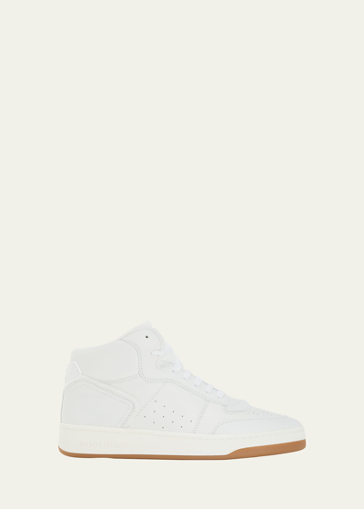 Shop Saint Laurent Men's Sl/80 Tonal Leather Mid-top Sneakers In Optic White