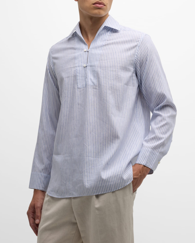 Shop Loro Piana Men's Tahiti Linen-cotton Stripe Casual Button-down Shirt In White Stripes