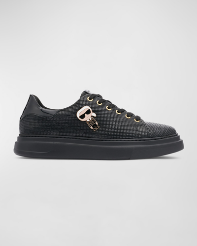 Shop Karl Lagerfeld Men's Low-top Printed Leather Sneakers With Karl Pin In Black