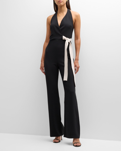 Shop Pinko Ramificazione Contrast-bow Sleeveless Flared Jumpsuit In Blkwhite