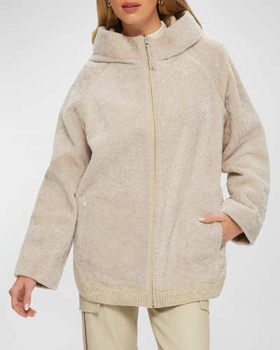 Shop Gorski Reversible Shearling Lamb Zip Parka Jacket With Side Slits In Beige