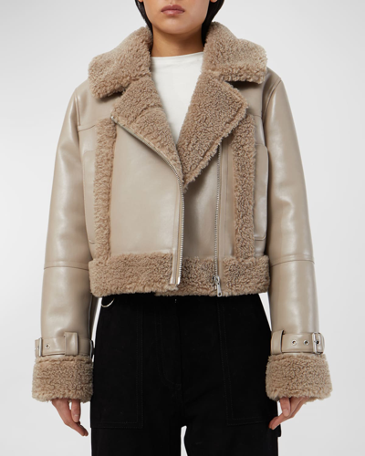 Shop Apparis Jay Faux Shearling Moto Jacket In Taupe