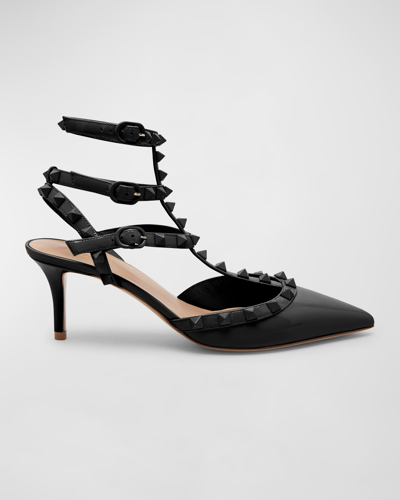Shop Valentino Rockstud Patent Caged Ankle-strap Sandals In 0no Nero