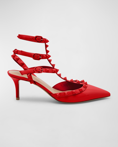 Shop Valentino Rockstud Patent Caged Ankle-strap Sandals In Ju5 Rouge Pur