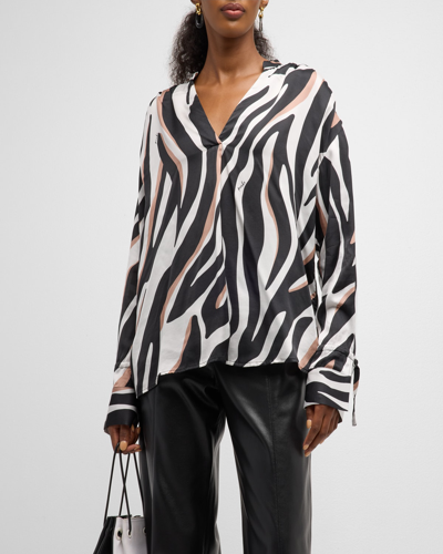Shop Pinko Bettina Striped Tabbed-sleeve V-neck Blouse In Whiteblackprint