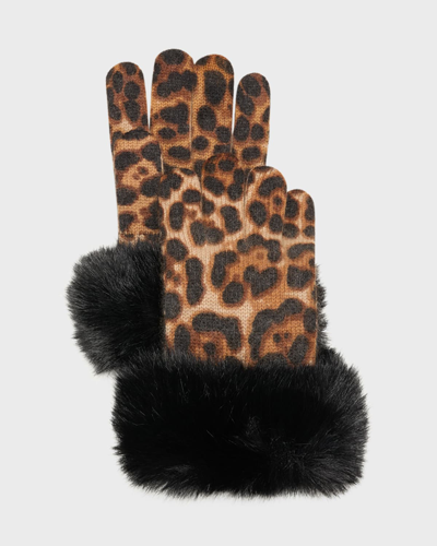 Shop Sofia Cashmere Leopard Print Cashmere Gloves W/ Faux Fur Cuffs In Camel Leopard