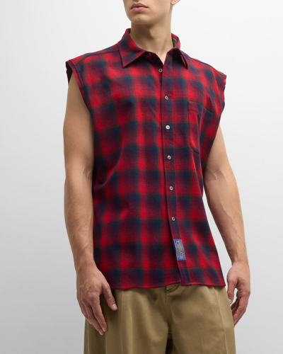 Shop Maison Margiela Men's Cutoff Flannel Button-down Shirt In Red