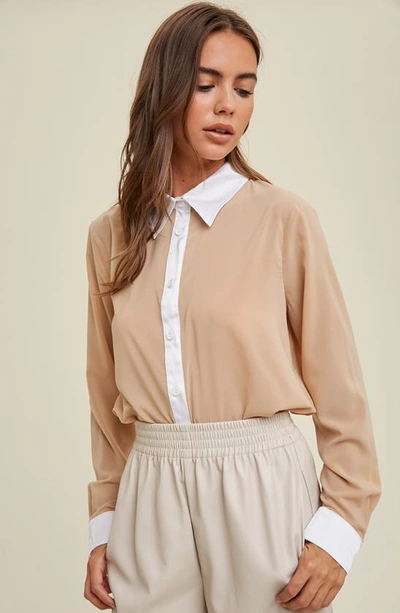 Wishlist Tuxedo Long Sleeve Button-up Shirt In Beige