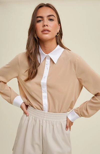 Wishlist Tuxedo Long Sleeve Button-up Shirt In Beige