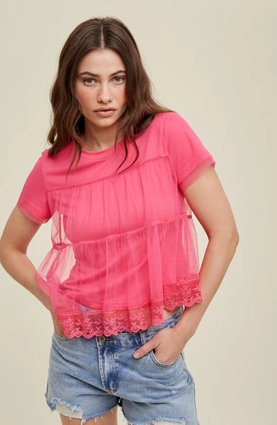 Wishlist Short Sleeve Embroidered Mesh Babydoll Top In Pink