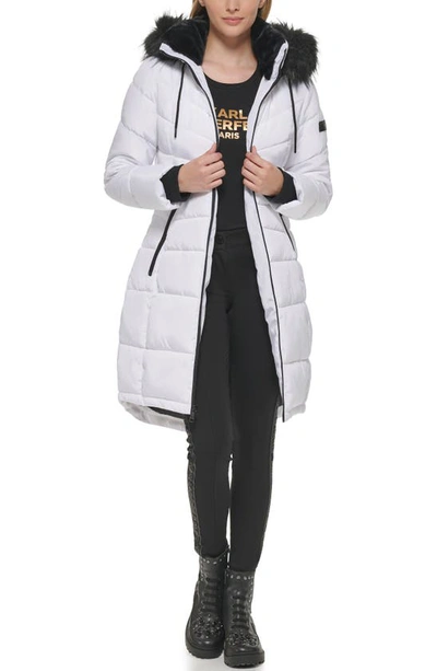 Karl Lagerfeld Apres Ski Faux Fur Trim Hooded Puffer Jacket In White