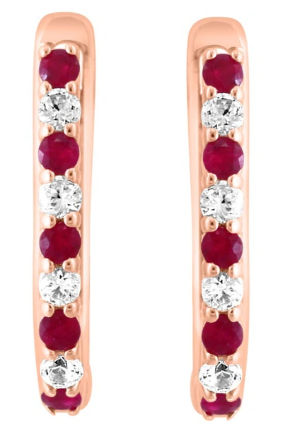 Effy 14k Rose Gold Plated Sterling Silver White Sapphire & Ruby Huggie Hoop Earrings In Red