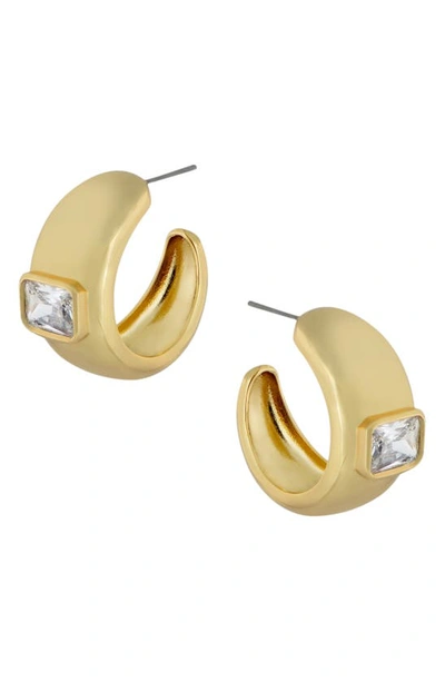 Shop Cz By Kenneth Jay Lane Cz Emerald Cut Inlay Wide Hoop Earrings In Clear/ Gold