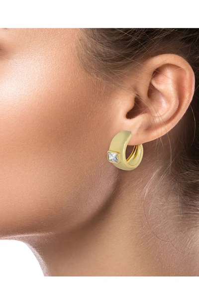 Shop Cz By Kenneth Jay Lane Cz Emerald Cut Inlay Wide Hoop Earrings In Clear/ Gold