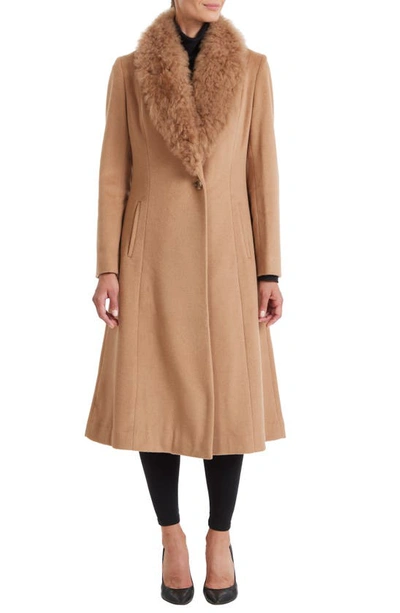 Sofia Cashmere Toscana Genuine Dyed Lamb Shearling Collar Wool Blend Coat In Camel