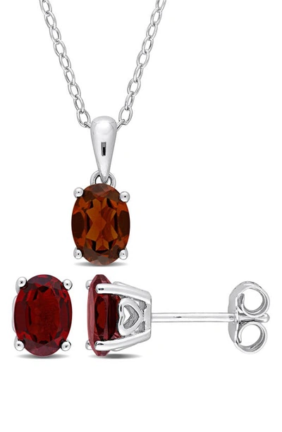 Shop Delmar Sterling Silver Oval Garnet Stud Earrings & Necklace Set In Red