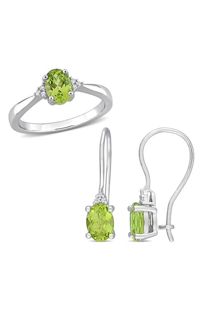 Shop Delmar Oval Cut Peridot & Diamond Ring & Drop Earrings Set In Green