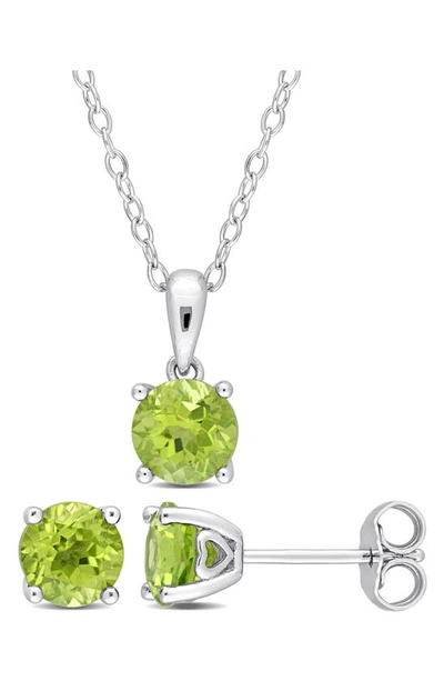 Shop Delmar Sterling Silver Round Peridot Stud Earrings & Necklace Set In Green