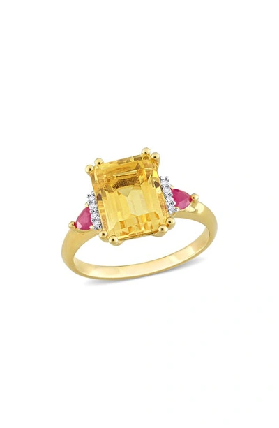 Shop Delmar Octagon Cut Citrine Ruby & Diamond Ring In Yellow