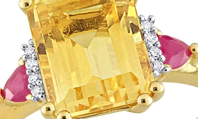 Shop Delmar Octagon Cut Citrine Ruby & Diamond Ring In Yellow