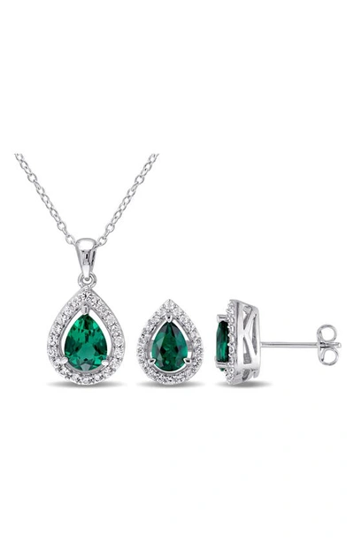 Shop Delmar Lab Created Emerald And White Sapphire Pear Earrings & Necklace Set In Green