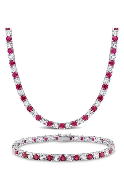 Shop Delmar Sterling Silver Lab Created Ruby & Lab Created White Sapphire Tennis Necklace & Bracelet Set In Red