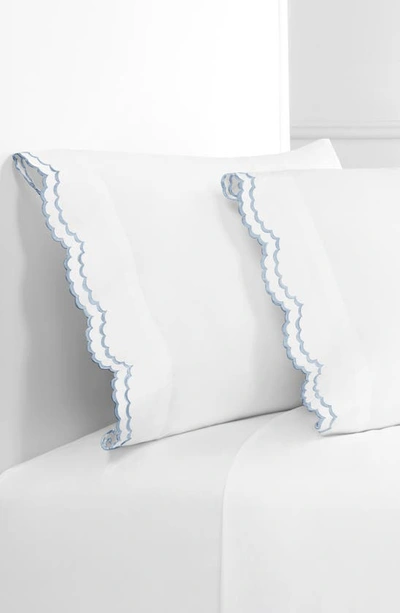 Melange Set Of 2 Double Scallop Embroidered 300 Thread Count Cotton Pillowcases In Blue