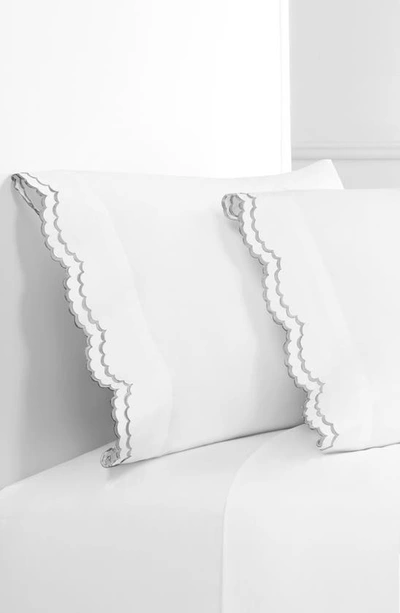 Melange Set Of 2 Double Scallop Embroidered 300 Thread Count Cotton Pillowcases In Grey