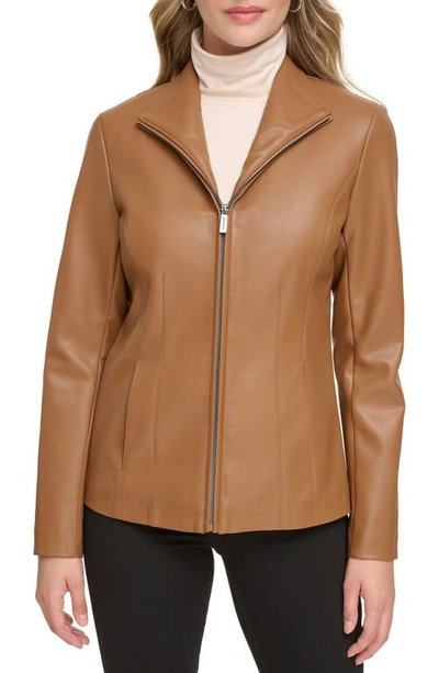 Shop Kenneth Cole Faux Leather Zip Jacket In Tan