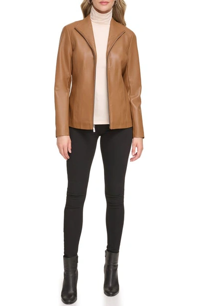 Shop Kenneth Cole Faux Leather Zip Jacket In Tan