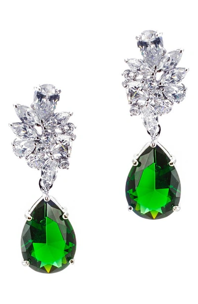 Shop Cz By Kenneth Jay Lane Cz Cluster Pear Drop Earrings In Emerald/ Silver